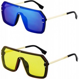 Shield Retro Oversized Shield Sunglasses Rimless Flat Top Mirror Glasses Women Men - Blue/Mirror and Yellow - CC18Y6ZQXR5 $36.22