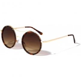 Round Flat Lens Double Plastic Metal Rim Curved Top Bar Round Sunglasses - Brown Demi - CG190DHZ0Y2 $13.86