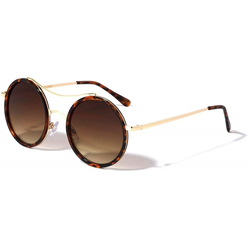 Round Flat Lens Double Plastic Metal Rim Curved Top Bar Round Sunglasses - Brown Demi - CG190DHZ0Y2 $27.37