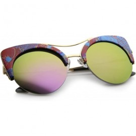 Semi-rimless Women's Flat Lens Floral Print Semi-Rimless Round Cat Eye Sunglasses 52mm - Red-blue-floral / Purple Mirror - CR...