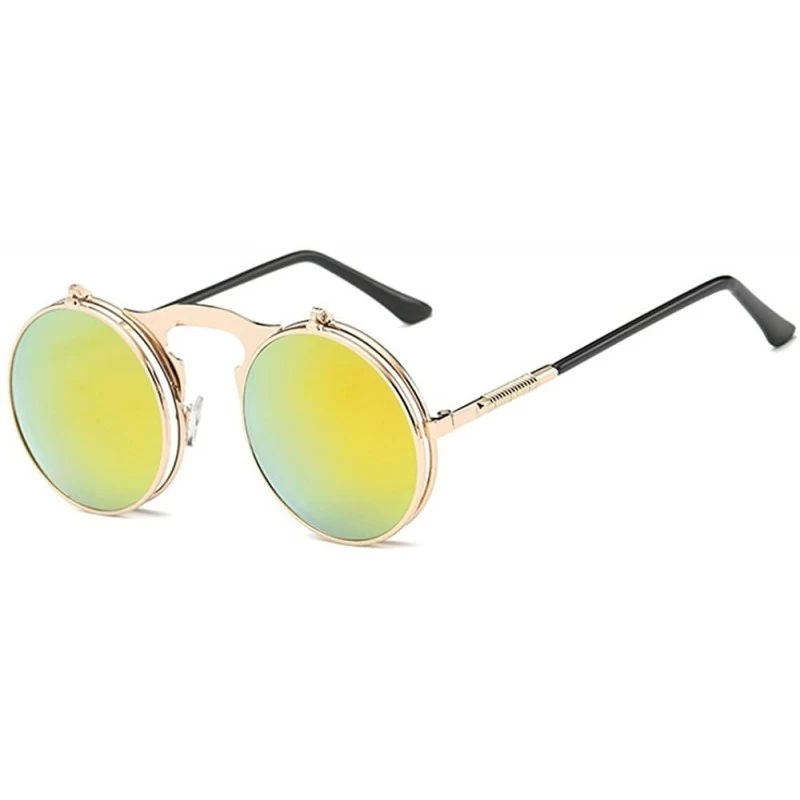 Round Steampunk Style Round Flip Up Mirror Sunglasses Metal Frame UV400 Spectacles - Gold Frame Orange Green Lens - C918EMSKU...
