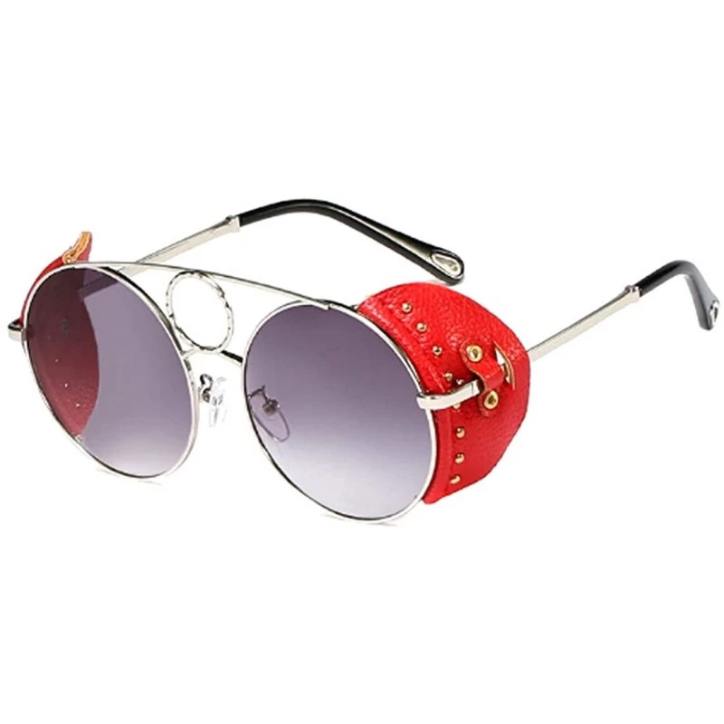 Round Women's Fashion Sunglasses Metal Round Frame Eyewear With Leather - Silver Gray - CY18W0HDMY4 $27.15