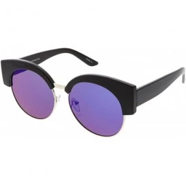 Rimless Women's Half Frame Oversize Mirrored Flat Lens Round Cat Eye Sunglasses 59mm - Black Silver / Blue Mirror - CR184RZWM...