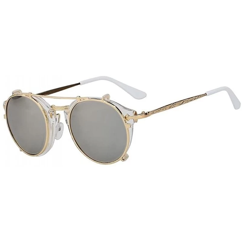 Oval Women UV400 Mirror Glasses Clip On Men Vintage Retro Steampunk Sunglasses - White F Silver Mirror - CR18ETDTINM $8.28