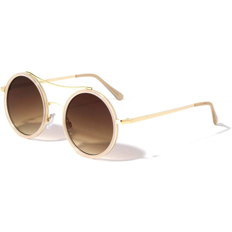 Round Flat Lens Double Plastic Metal Rim Curved Top Bar Round Sunglasses - Brown Pink - CT190D6LRKD $14.07