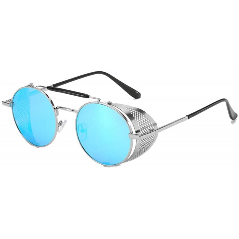 Goggle Sunglasses Retro Round Hippie Eyewear Vintage Metal Men Women Steampunk Glasses Color Mirrored Lens - Blue - CR198Q4DC...