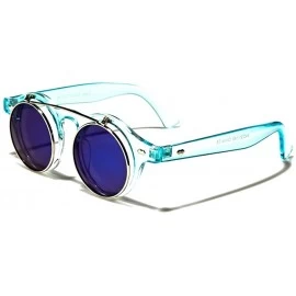 Round 70s Urban Steampunk Mirrored Lens Round Flip Up Sunglasses - Crystal Blue / Blue & Clear - CY18ECGLD8O $22.82