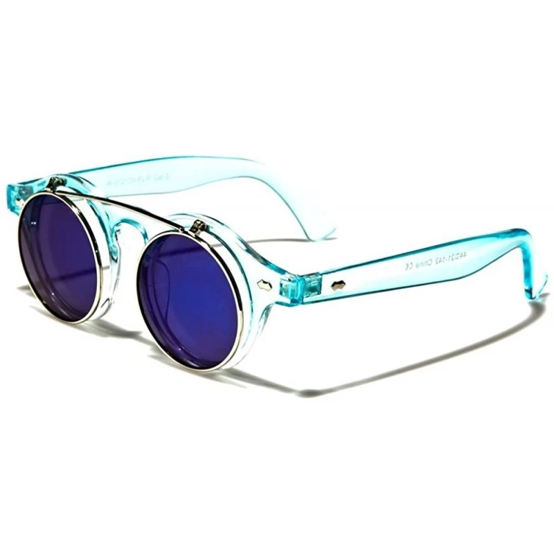 Round 70s Urban Steampunk Mirrored Lens Round Flip Up Sunglasses - Crystal Blue / Blue & Clear - CY18ECGLD8O $11.57