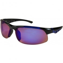 Sport Semi Rimless Sports Sunglasses W/Color Mirrored Lens 570038AM-REV - Black/Blue Lens - CR11QLZGVZN $9.72