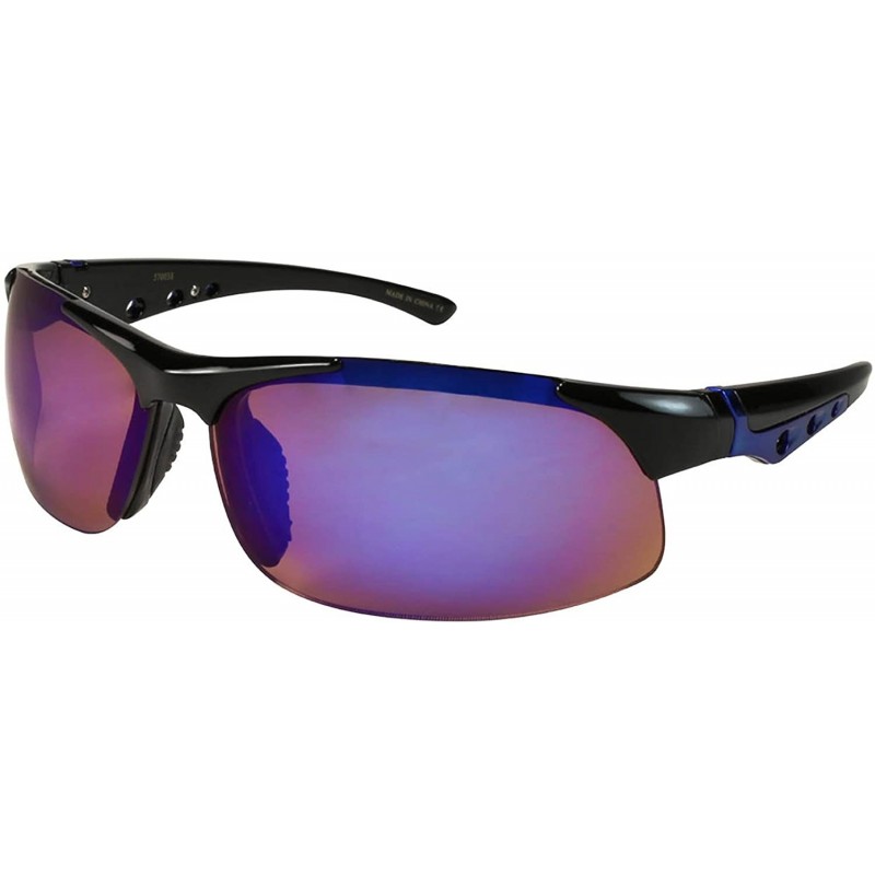 Sport Semi Rimless Sports Sunglasses W/Color Mirrored Lens 570038AM-REV - Black/Blue Lens - CR11QLZGVZN $19.22