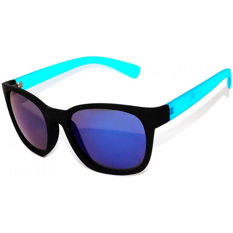 Wayfarer Vintage Style Sunglasses Flat Matte Reflective Blue Mirror Lens Soft Look Black-Blue Frame Uv Protection Unisex - C7...