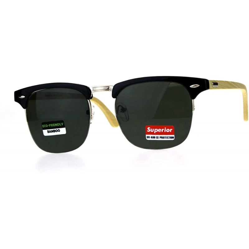 Rectangular Mens Bamboo Wood Classic Half Horn Rim Hipster Sunglasses - Black Green - CC180ULK2GE $15.39
