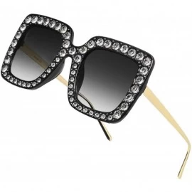 Oversized Square Rhinestone Oversized Sunglasses Metal Frame Retro Bling Sun glasses for Women - Black - CP18WNEI33R $21.17