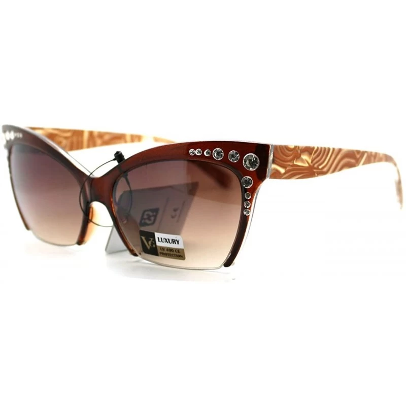 Oversized Womens Cropped Shaved Cateye Sunglasses Rhinestone & Marble Frame - Brown - CP123PYLVP7 $18.24