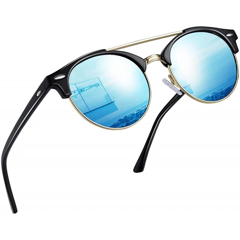 Oval Vintage Round Sunglasses for Women Retro Brand Polarized Sun Glasses E3447 - Double Bridge Blue Lens - C718QH94ZT9 $13.08