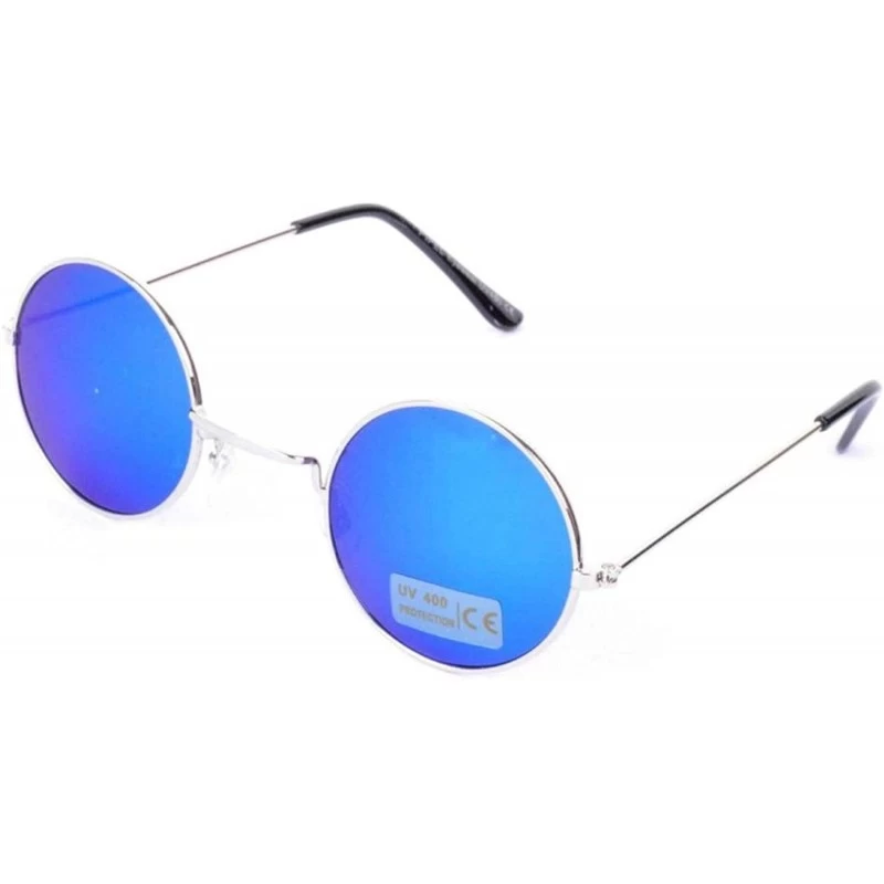 Round LENNON Round Lens Metal Sunglasses - Blue Mirrored Lens/Solid Case - CY199UCSN74 $20.94
