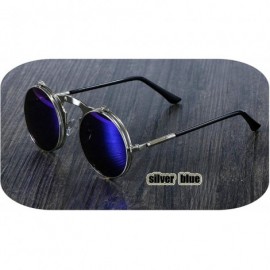 Round 3057 Steampunk Sunglasses Round Metal Women Style Retro Flip Circular Double Sun Glasses Men CIRCLE - Silver Blue - CC1...