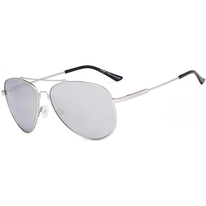 Rectangular Bifocal Sunglasses - Polit Style Reading Sunglass with Memory Bridge and Arm - Silver Frame Silver Mirror - CH18E...