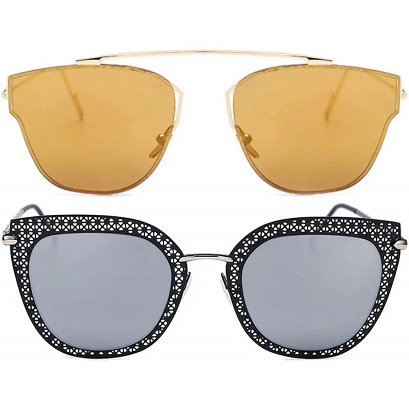 Square Ladies Metal Cat Eye Heart Round Integral Sunglasses Elegant De Luxe Stylish - Fan_2p_16mix - C917YDYI4M2 $16.85