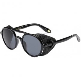 Round Women's Retro Classic Round Plastic Frame Sunglasses With Leather - Bright Black Gray - CY18W9KM4KE $44.07