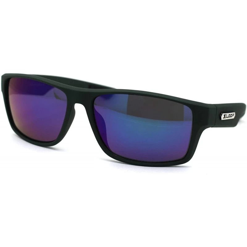 Rectangular Mens Rubberized Matte Sport Rectangle Horn Sunglasses - Green Blue Mirror - CR197EGXTGR $11.99