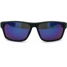 Rectangular Mens Rubberized Matte Sport Rectangle Horn Sunglasses - Green Blue Mirror - CR197EGXTGR $18.60