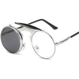 Round Steampunk Style Round Flip Up Mirror Sunglasses Metal Frame UV400 Spectacles - Black Frame Grey Lens - CO18EMS2TQA $9.72
