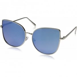 Cat Eye Oversize Slim Metal Frame Colored Mirror Flat Lens Cat Eye Sunglasses 58mm - Shiny Silver / Blue Mirror - CL12LCFX087...