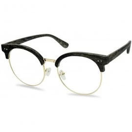 Rimless Round Wood Print Oversized Half Frame Gold Metal Clear Flat Lens Eye Glasses - Grey - CX12O6N7N0N $10.78
