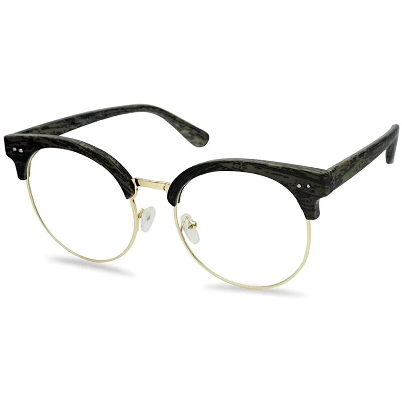 Rimless Round Wood Print Oversized Half Frame Gold Metal Clear Flat Lens Eye Glasses - Grey - CX12O6N7N0N $19.98