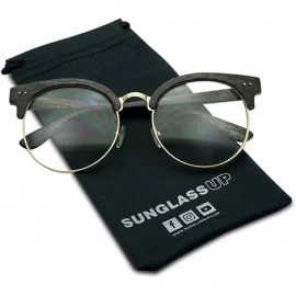 Rimless Round Wood Print Oversized Half Frame Gold Metal Clear Flat Lens Eye Glasses - Grey - CX12O6N7N0N $19.98