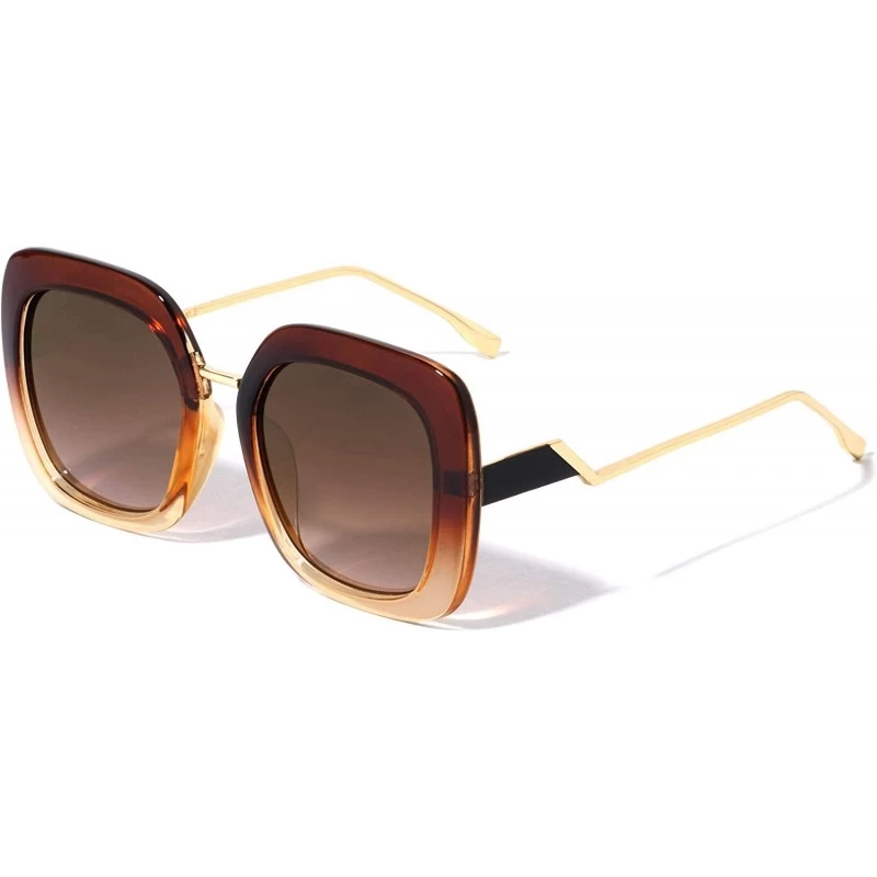 Round Round Square Zigzag Temple Fashion Sunglasses - Brown Semi Clear - CG196XHQK6R $14.30