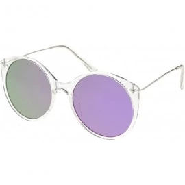 Cat Eye Transparent Frame Thin Metal Arms Mirrored Round Flat Lens Cat Eye Sunglasses 56mm - Clear / Purple Mirror - C1182H0K...
