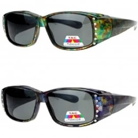 Wrap 2 Pair Polarized Lenses Rhinestone Fit Over Wear Over Glasses Rectangular Sunglasses - 2 Pair Green Flower/Purple - C219...