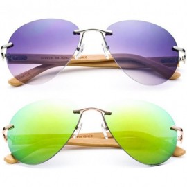 Aviator Bamboo Arm Oversized Rimless Aviator Sunglasses with Flash Lens Bamboo Sunglasses for Men & Women - CT18ELSHKH6 $32.49