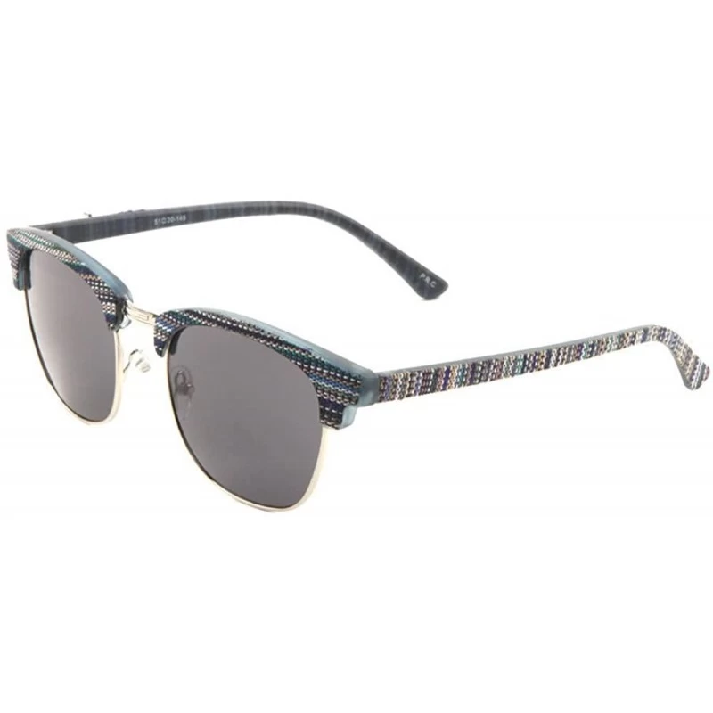 Square Native American Tribal Print Fabric Arms Horned Rimmed Sunglasses - Inca - Blue & Silver Frame - CK18DS5HIC3 $14.81