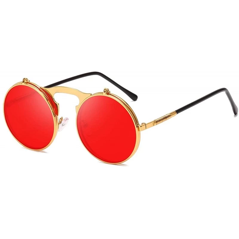 Aviator Round Sunglasses for Men Women 90's Retro Steampunk Style Flip Up Circle Sunglasses - Gold Frame/Red Lens - CG18Z75NY...