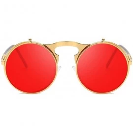 Aviator Round Sunglasses for Men Women 90's Retro Steampunk Style Flip Up Circle Sunglasses - Gold Frame/Red Lens - CG18Z75NY...