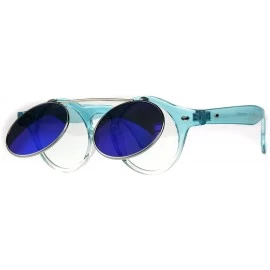 Round Hipster Round Horn Rim Color Mirror Flip Up Vintage Sunglasses - Blue - C918E4IZ7MG $11.16