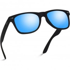 Square Square Horn Rimmed Soft Matte Frame Mirrored Lens Retro Sunglasses - Black Frame / Mirror Blue Lens - C0124WB1F0D $13.27