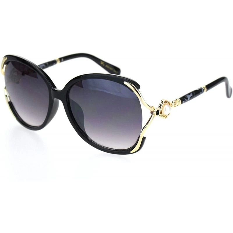 Rectangular Womens Pearl Jewel Hinge Exposed Side Lens Butterfly Sunglasses - Black Gold Smoke - C918OR2472R $11.08