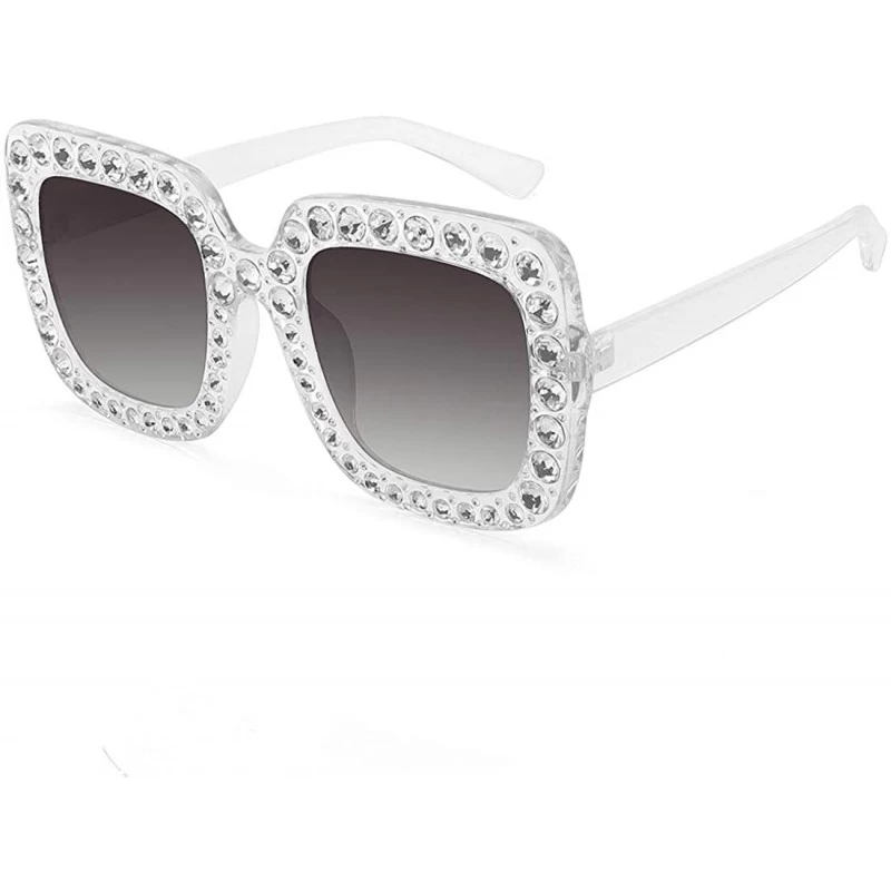 Goggle ROYAL GIRL Elton Square Rhinestone Sunglasses Oversized Diamond Bling Bling Glasses - Clear Gray Gradient Frame - C818...