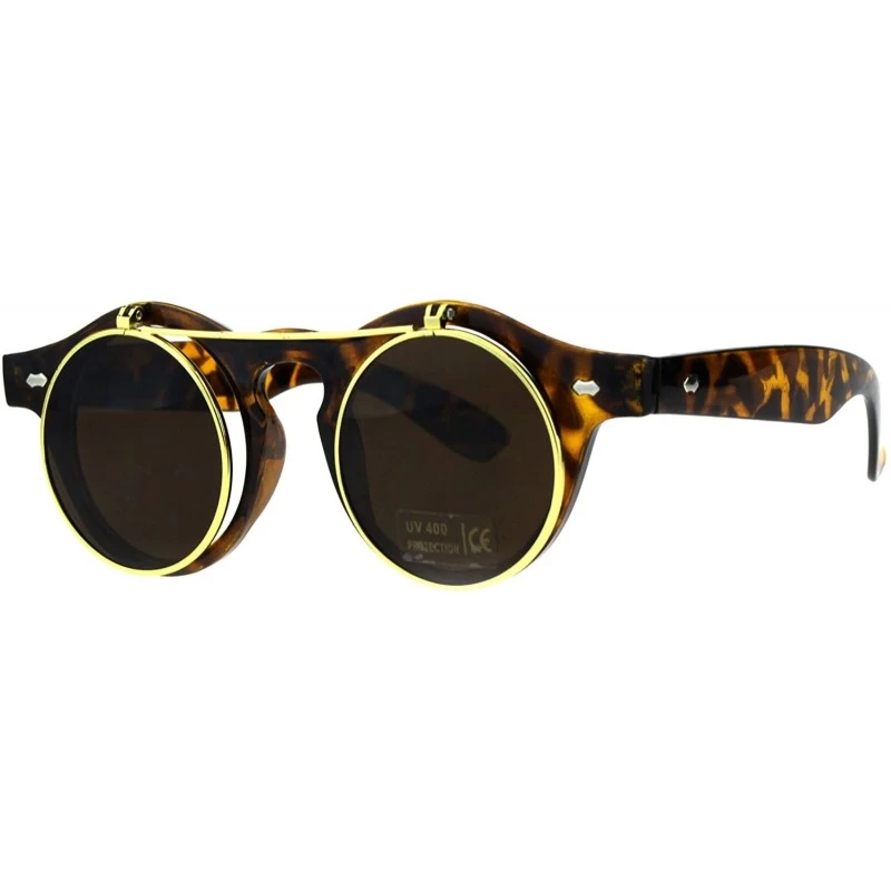 Round Hipster Filp Up Circle Lens Plastic Horned Sunglasses - Tortoise Brown - C618E9K84RO $10.17