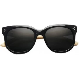 Round Wooden Bamboo Temples Round Vintage Oversized Sunglasses UV400 64mm - Black/Black - CP12EMXXM0H $10.91