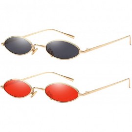 Rectangular Vintage Slender Oval Sunglasses Small Metal Frame Candy Colors - 2pack Red Lens Gold Frame/Grey Lens Gold Frame -...