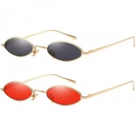 Rectangular Vintage Slender Oval Sunglasses Small Metal Frame Candy Colors - 2pack Red Lens Gold Frame/Grey Lens Gold Frame -...