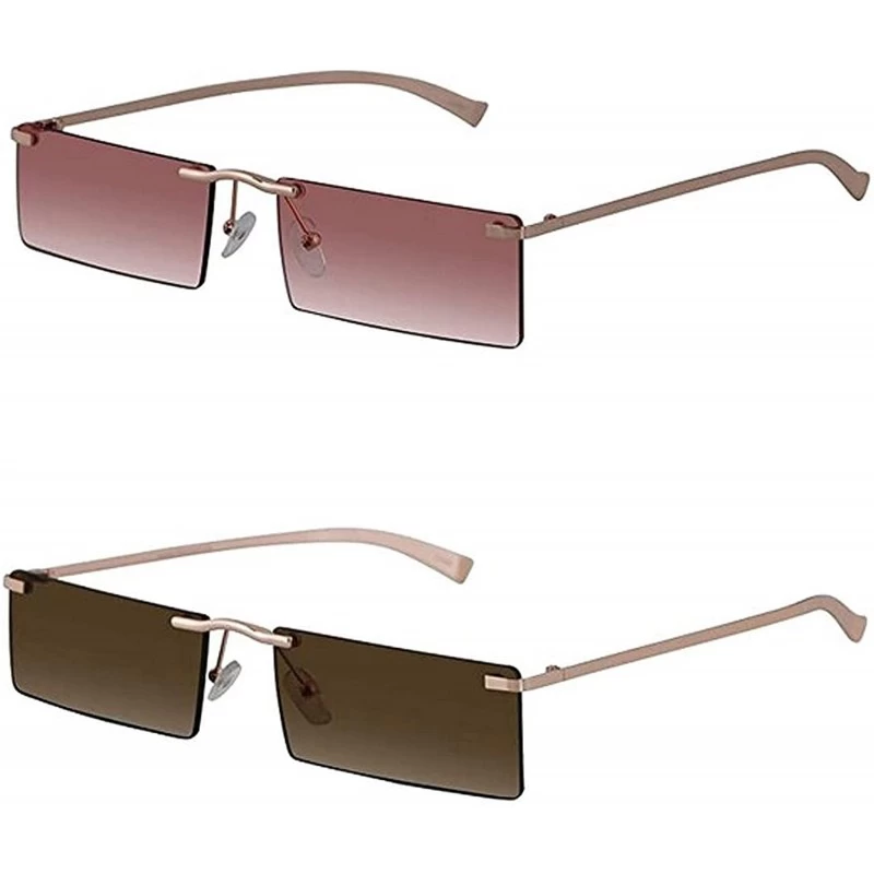 Rectangular Rectangle Rimless Metal Frame Retro Sunglasses Fashion Men Women Glasses - 2 Pack Pink and Brown - CK197EXSCON $1...