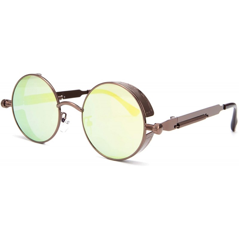 Round Steampunk Sunglasses Round Retro Metal Circle Frame Sunglasses Men & Women - Yellow Mercury Lens/Bronze Frame - CI196SH...