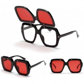 Oversized Square Sunglasses Men Vintage Fashion Flip Up Sun Glasses For Women Summer Beach - Black With Clear Red - C918I2SZW...