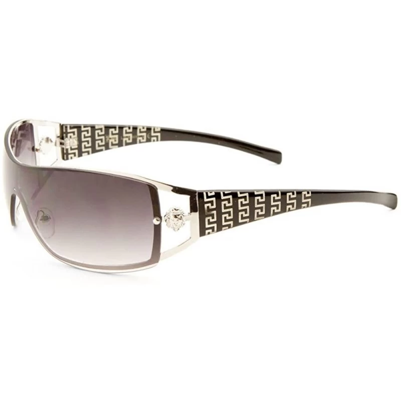 Wrap Lion Head Medallion Greek Key Wrap Around One Piece Sunglasses - Black & Silver - CE182G36H6D $13.78